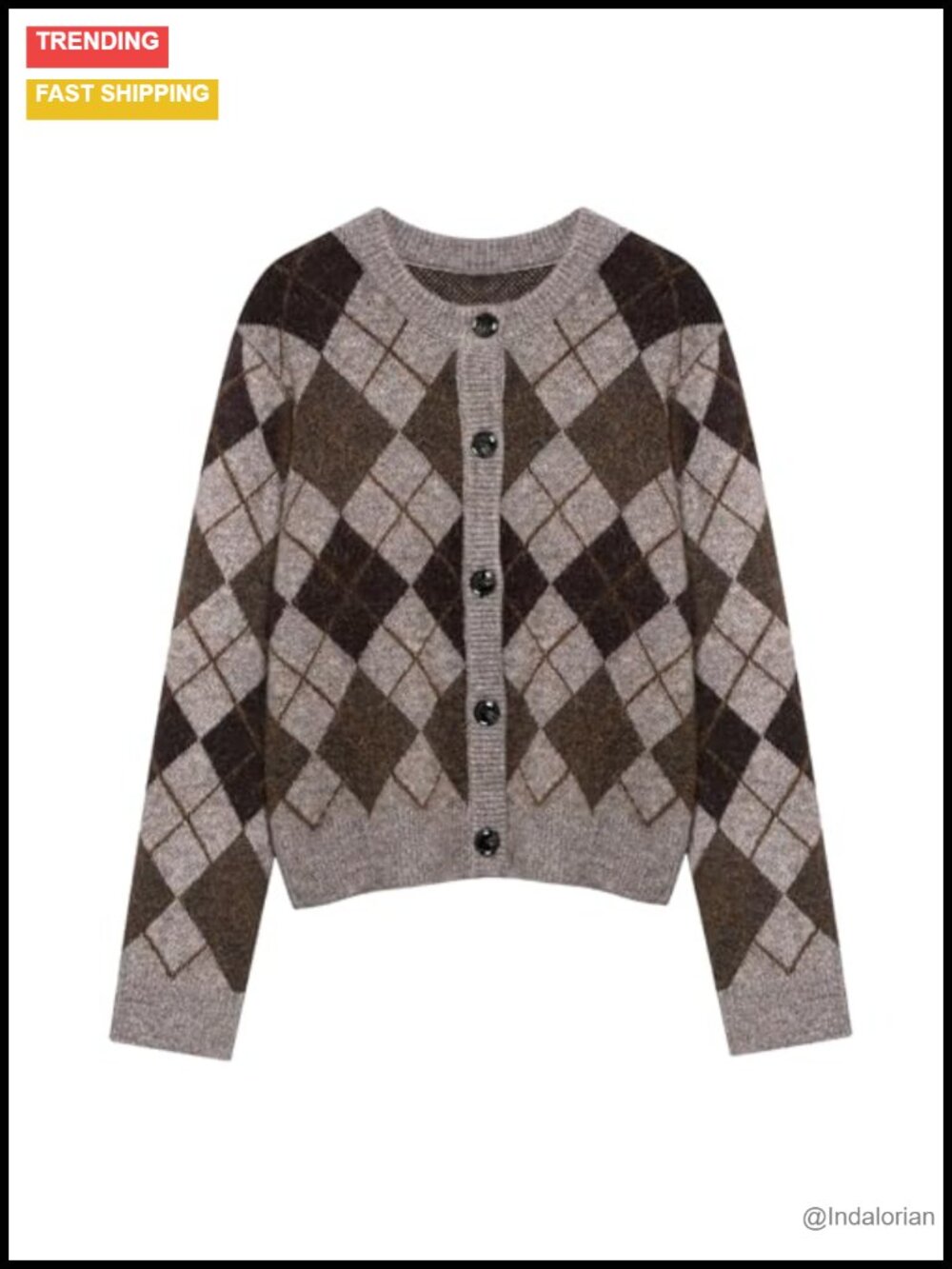 Women's Argyle Cardigan Sweater Button Down Preppy Knit Crew Neck Cropped
